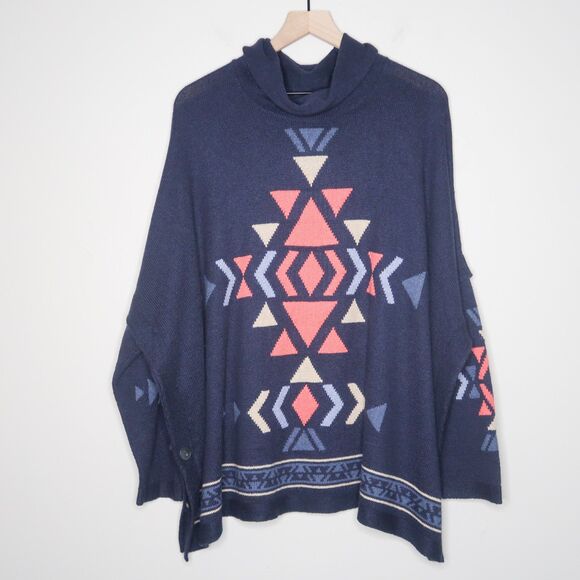 J.Jill Womens Knit Pullover Sweater 1X Blue Aztec‎ Tribal Oversized Western Cozy - Picture 2 of 10